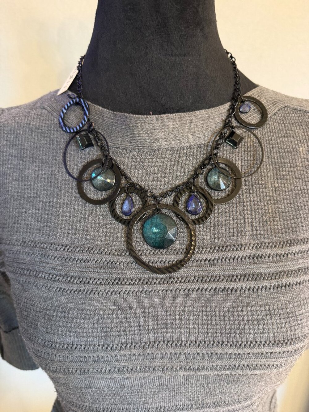 Mixit Statement Necklace – Gunmetal Chain with Blue Crystal Dangles